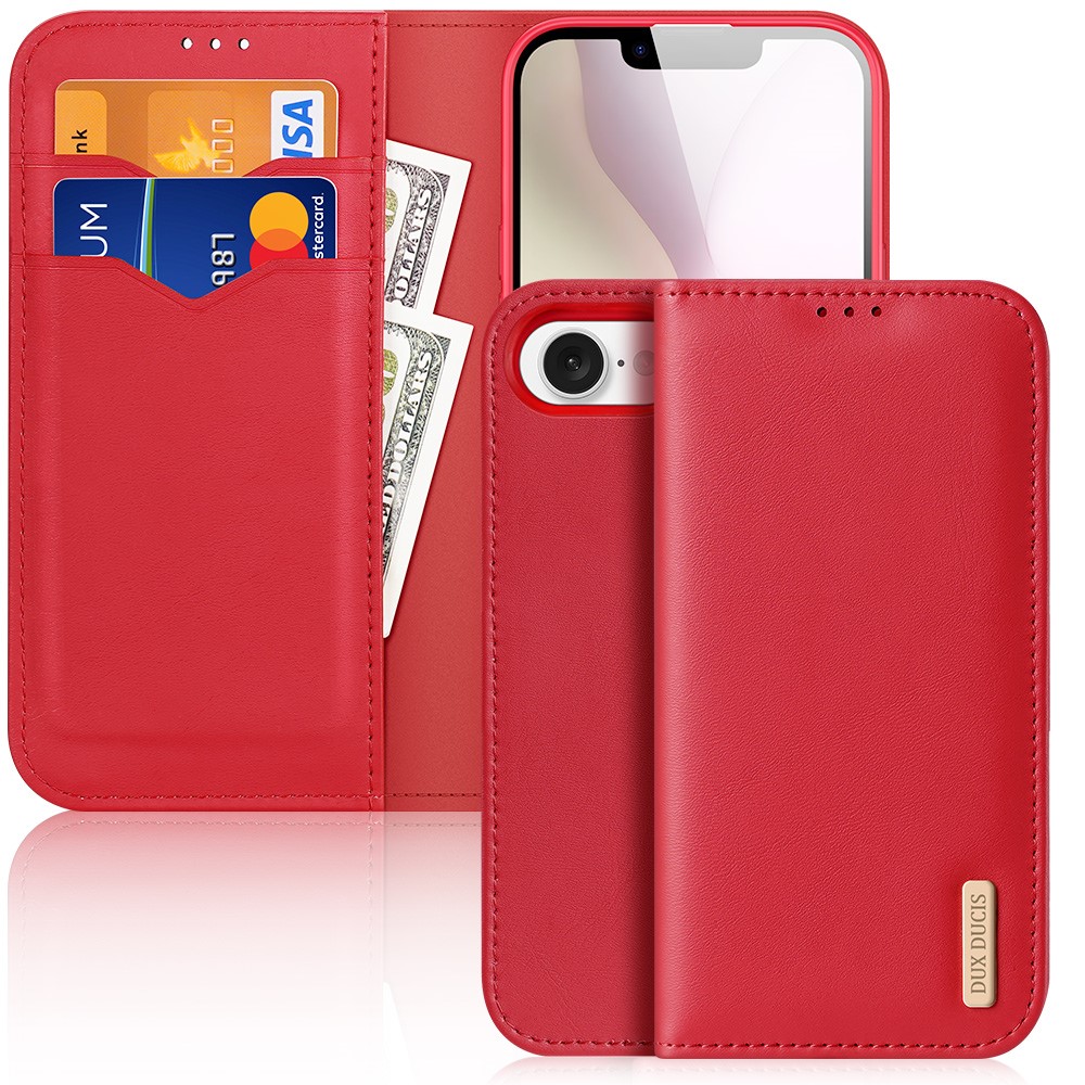 For iPhone 16e Case DUX DUCIS Hivo Series Cowhide Leather RFID Blocking Wallet Stand Flip Phone Cover - Red