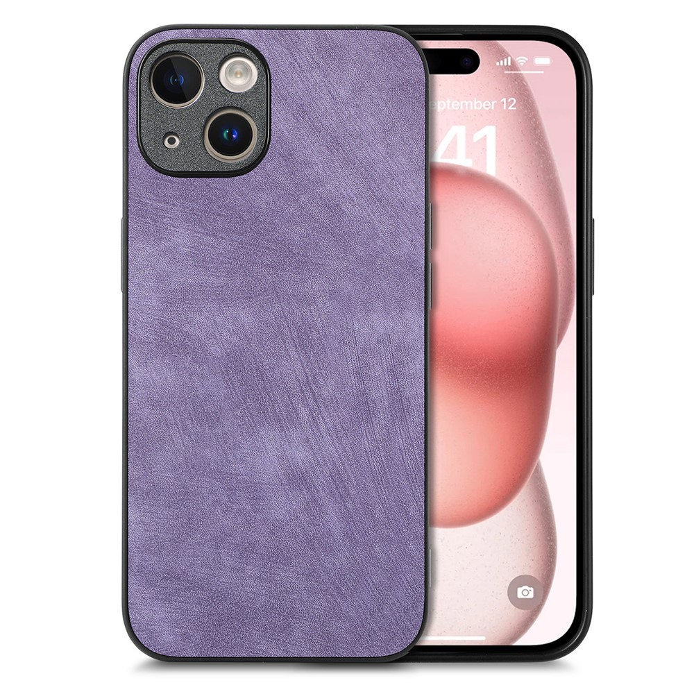 For iPhone 15 Case Shockproof Slim Retro Leather Phone Back Cover - Purple