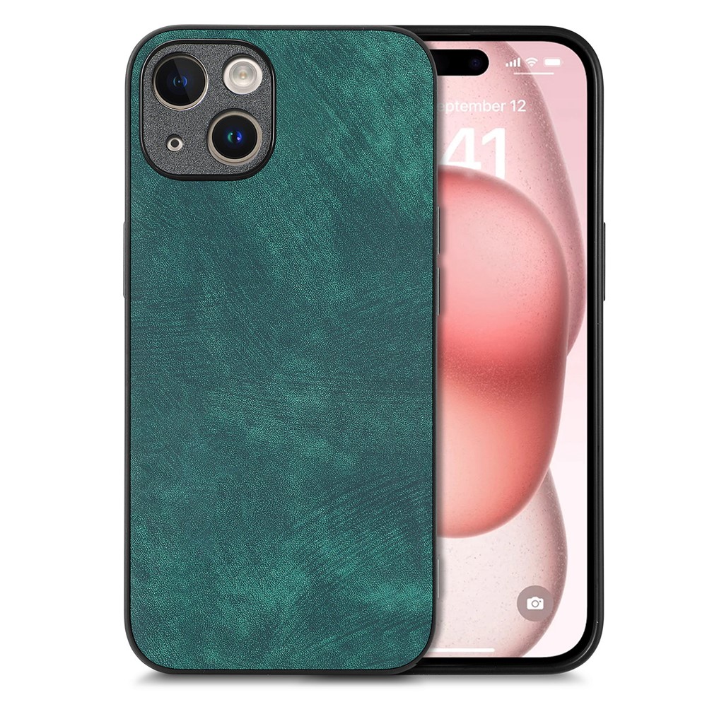 For iPhone 15 Case Shockproof Slim Retro Leather Phone Back Cover - Green