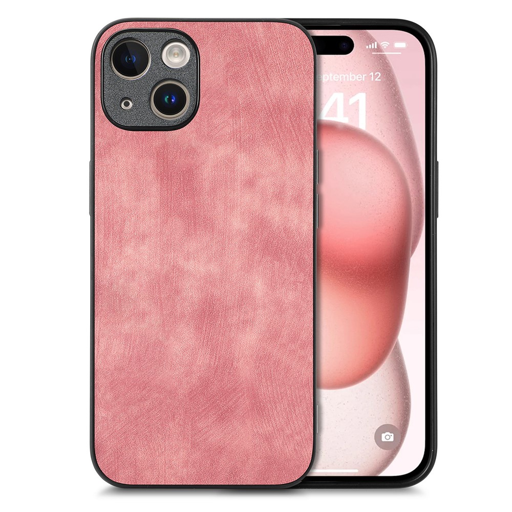 For iPhone 15 Case Shockproof Slim Retro Leather Phone Back Cover - Pink