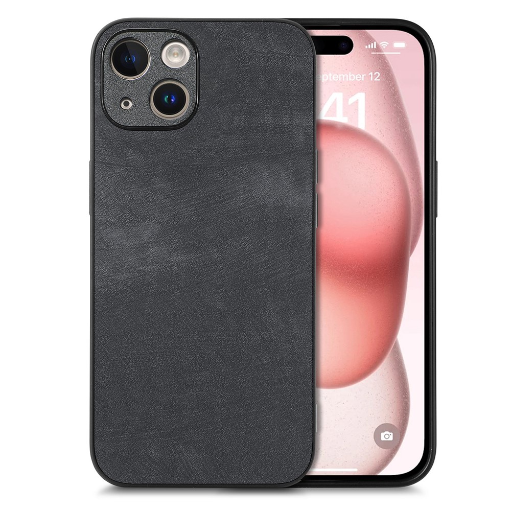 For iPhone 15 Case Shockproof Slim Retro Leather Phone Back Cover - Black