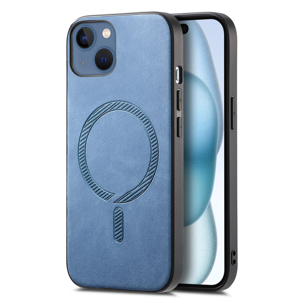 For iPhone 15 Plus Leather Back Case Compatible with MagSafe Skin-touch Phone Cover - Blue