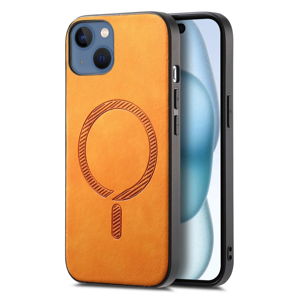 For iPhone 15 Plus Leather Back Case Compatible with MagSafe Skin-touch Phone Cover - Yellow