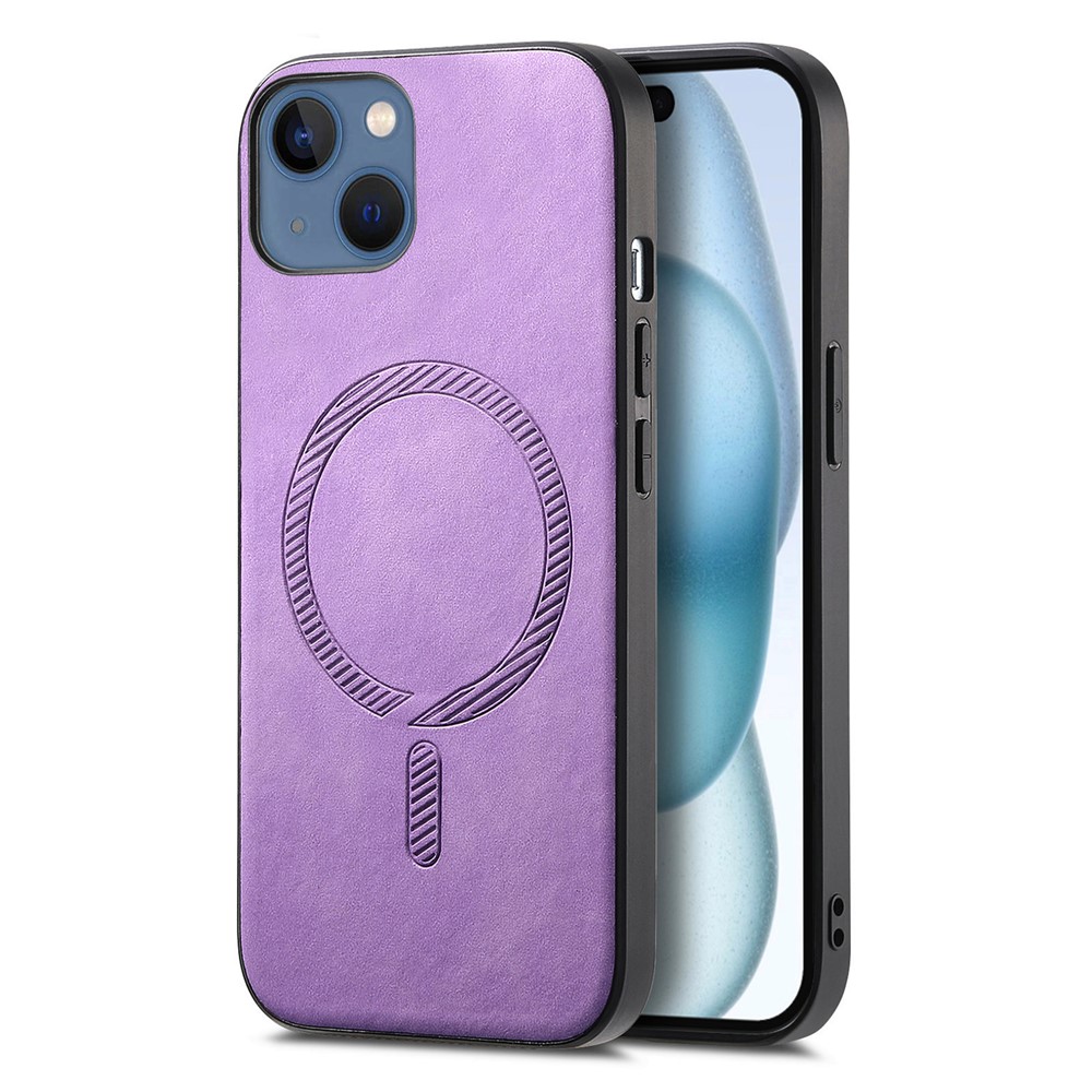 For iPhone 15 Plus Leather Back Case Compatible with MagSafe Skin-touch Phone Cover - Purple