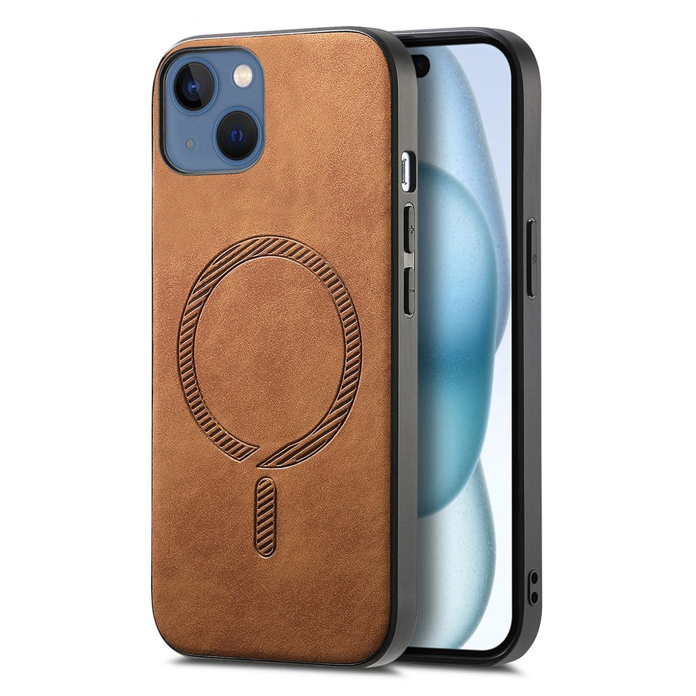 For iPhone 15 Plus Leather Back Case Compatible with MagSafe Skin-touch Phone Cover - Brown