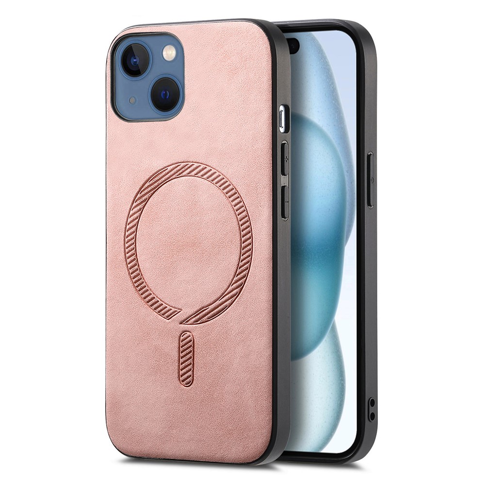 For iPhone 15 Plus Leather Back Case Compatible with MagSafe Skin-touch Phone Cover - Pink
