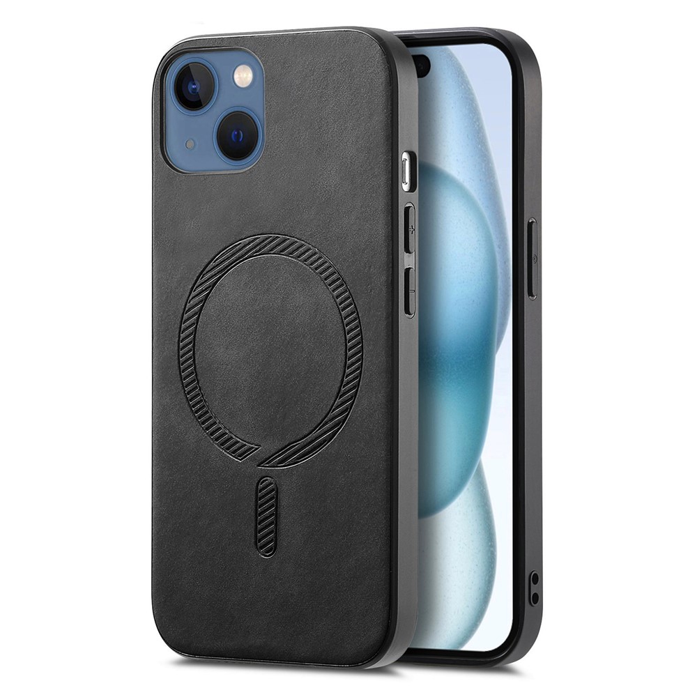 For iPhone 15 Plus Leather Back Case Compatible with MagSafe Skin-touch Phone Cover - Black