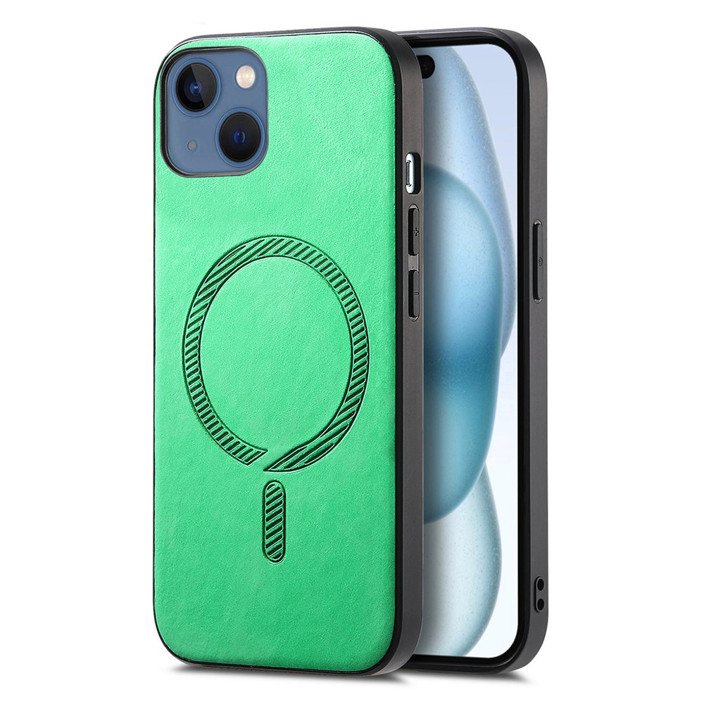 For iPhone 15 Plus Leather Back Case Compatible with MagSafe Skin-touch Phone Cover - Green