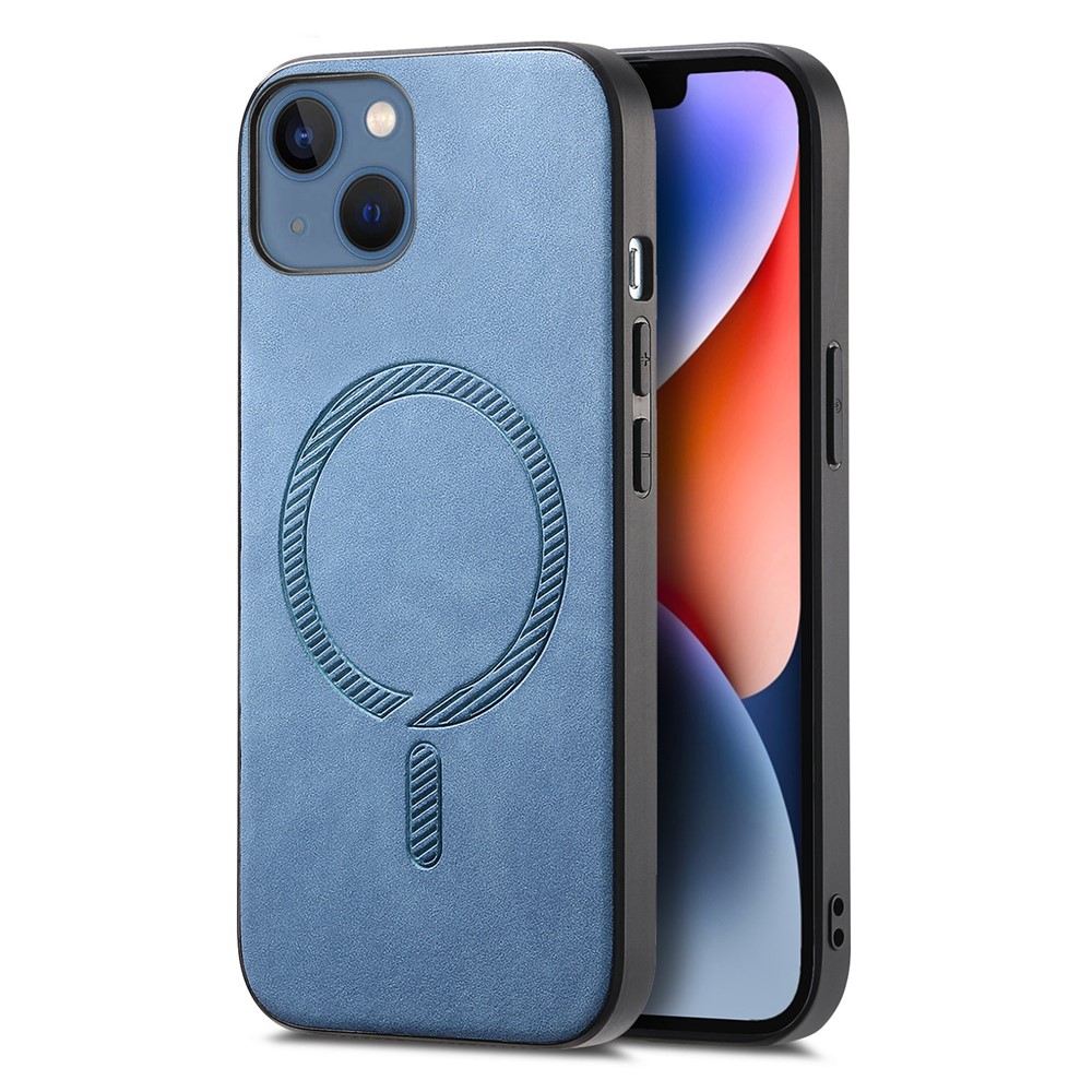 For iPhone 14 Plus Leather Back Case Compatible with MagSafe Skin-touch Phone Cover - Blue