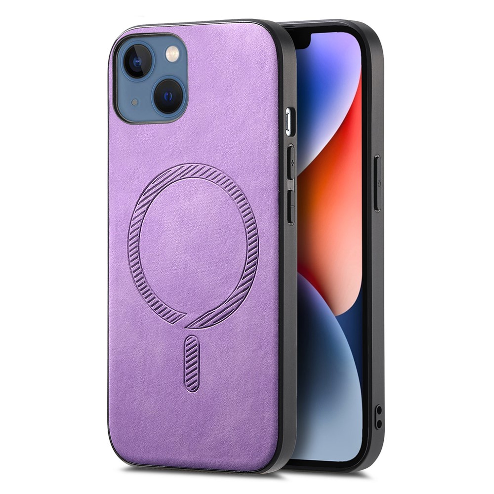 For iPhone 14 Plus Leather Back Case Compatible with MagSafe Skin-touch Phone Cover - Purple