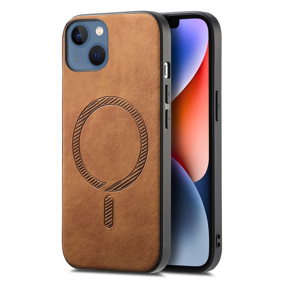 For iPhone 14 Plus Leather Back Case Compatible with MagSafe Skin-touch Phone Cover - Brown