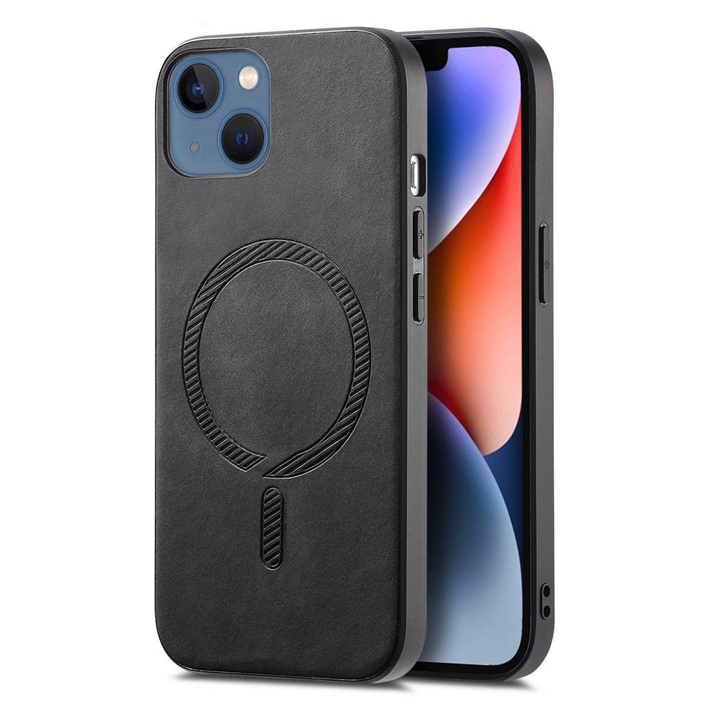 For iPhone 14 Plus Leather Back Case Compatible with MagSafe Skin-touch Phone Cover - Black