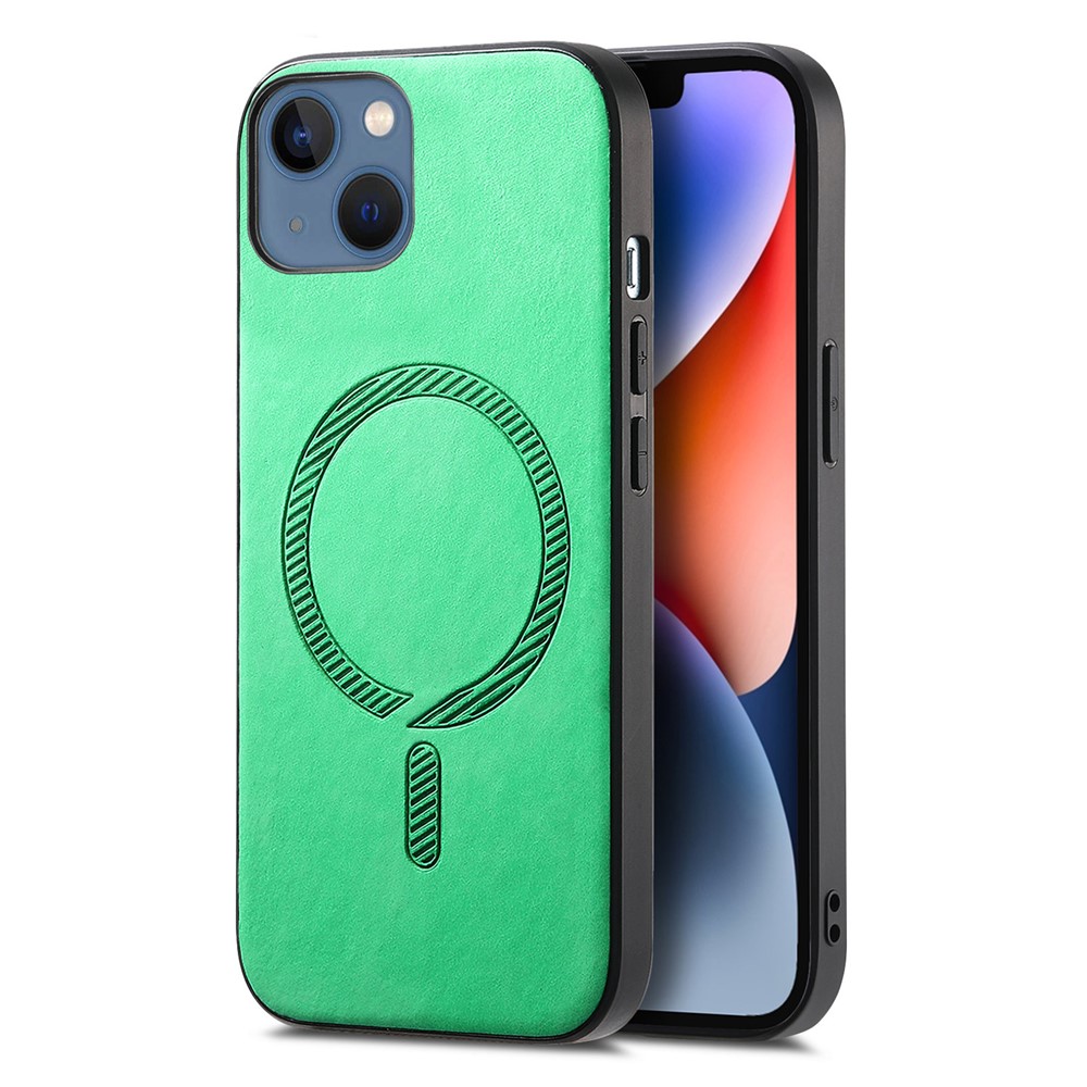 For iPhone 14 Plus Leather Back Case Compatible with MagSafe Skin-touch Phone Cover - Green