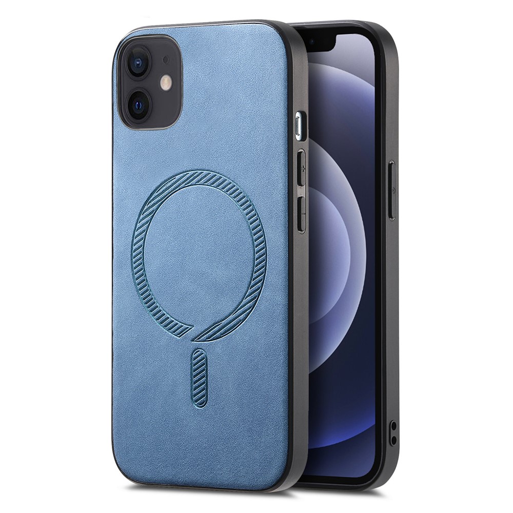 For iPhone 12 6.1 inch Leather Back Case Compatible with MagSafe Skin-touch Phone Cover - Blue