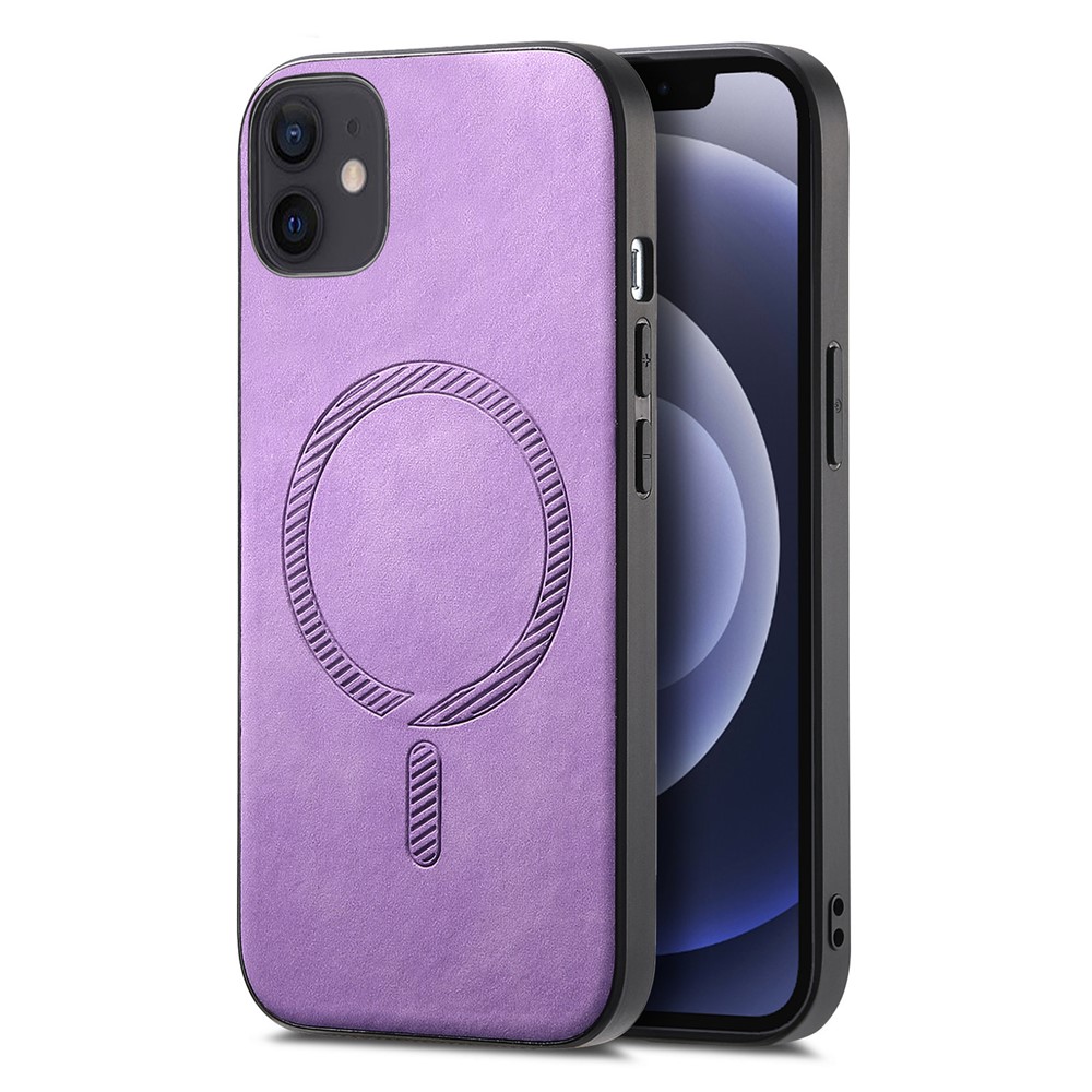 For iPhone 12 6.1 inch Leather Back Case Compatible with MagSafe Skin-touch Phone Cover - Purple