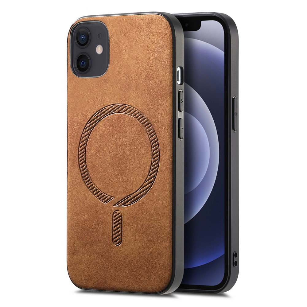 For iPhone 12 6.1 inch Leather Back Case Compatible with MagSafe Skin-touch Phone Cover - Brown