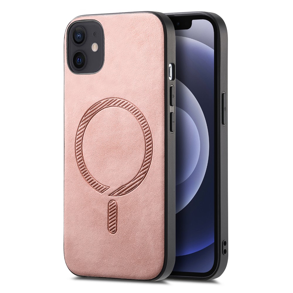 For iPhone 12 6.1 inch Leather Back Case Compatible with MagSafe Skin-touch Phone Cover - Pink