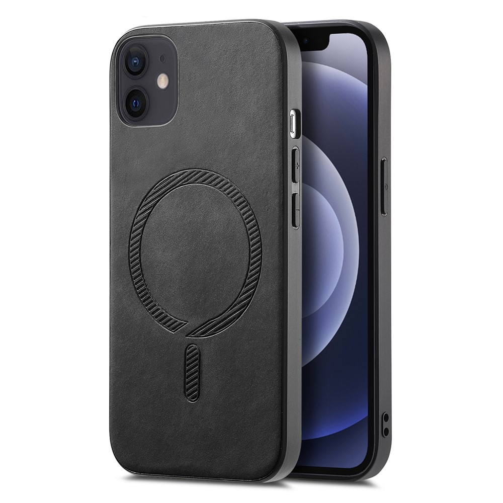 For iPhone 12 6.1 inch Leather Back Case Compatible with MagSafe Skin-touch Phone Cover - Black