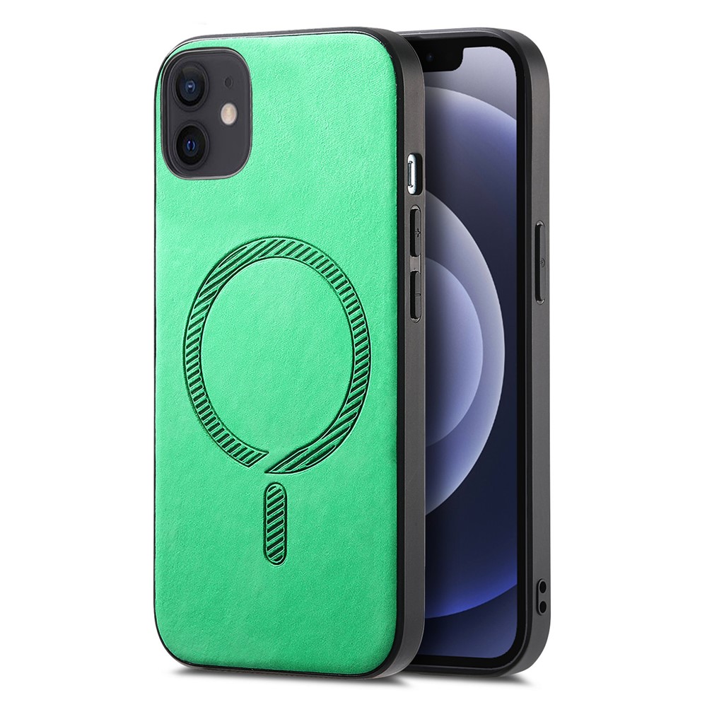 For iPhone 12 6.1 inch Leather Back Case Compatible with MagSafe Skin-touch Phone Cover - Green