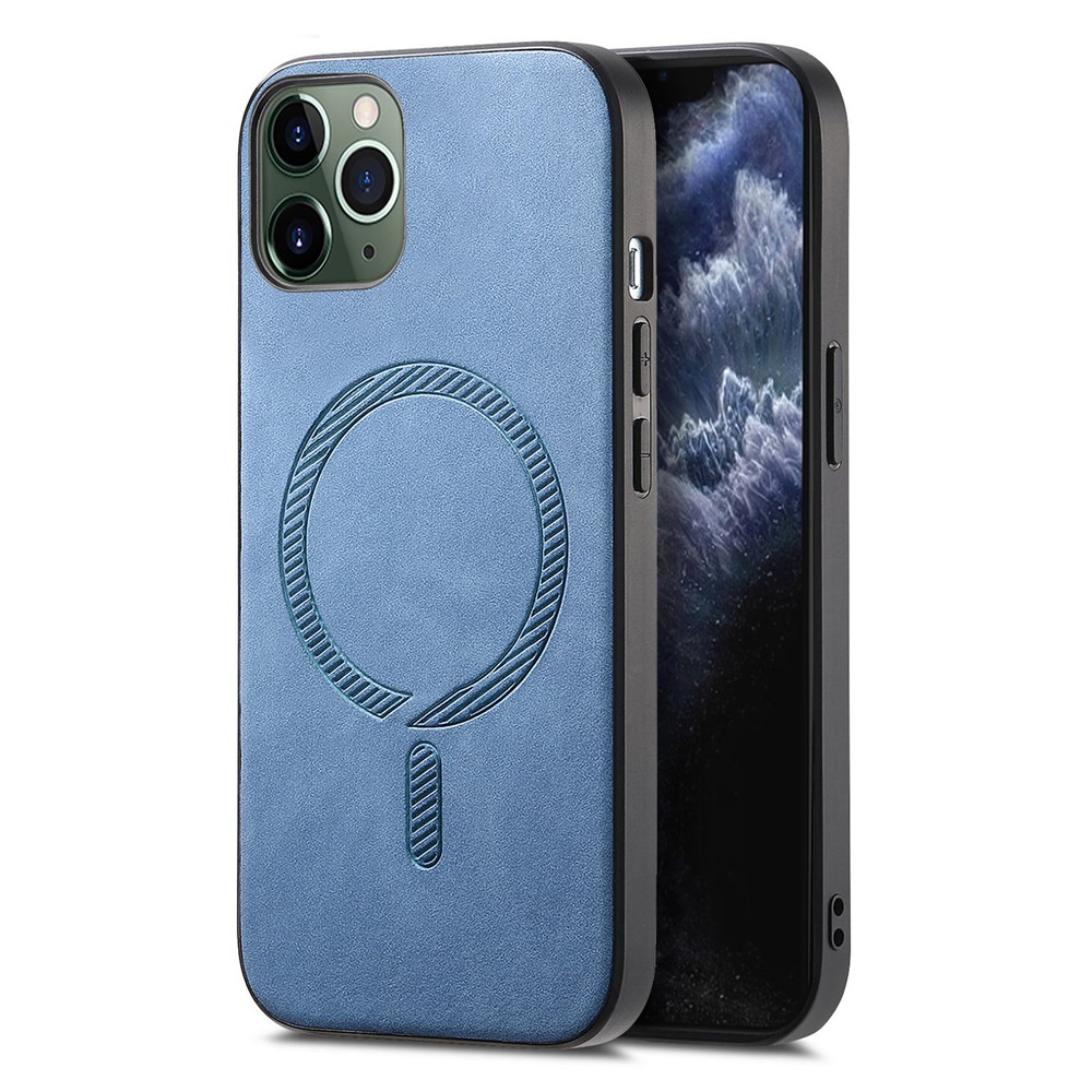 For iPhone 11 Pro Max Leather Back Case Compatible with MagSafe Skin-touch Phone Cover - Blue