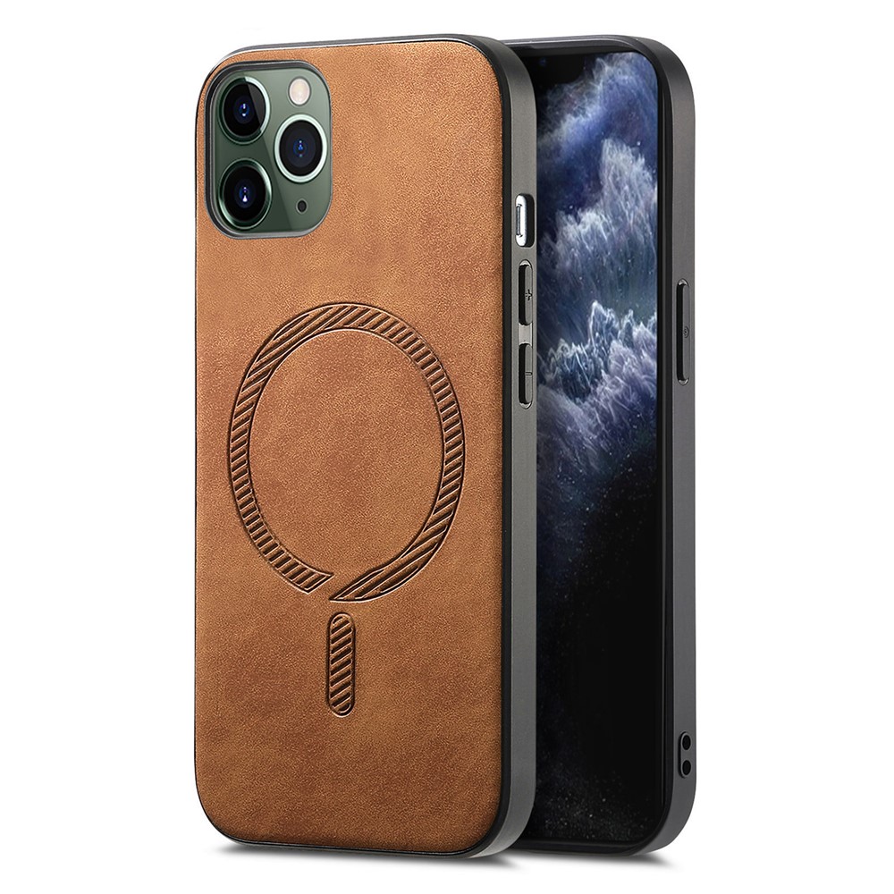 For iPhone 11 Pro Max Leather Back Case Compatible with MagSafe Skin-touch Phone Cover - Brown