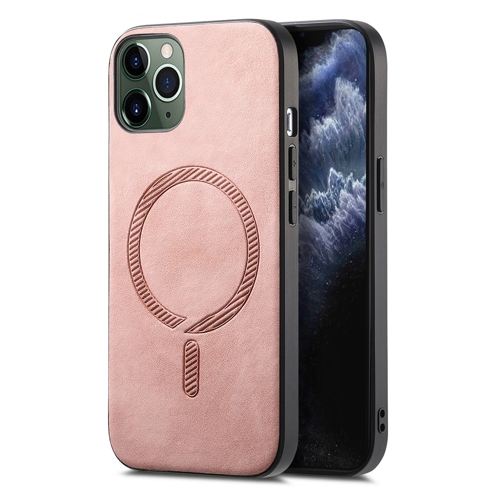For iPhone 11 Pro Max Leather Back Case Compatible with MagSafe Skin-touch Phone Cover - Pink