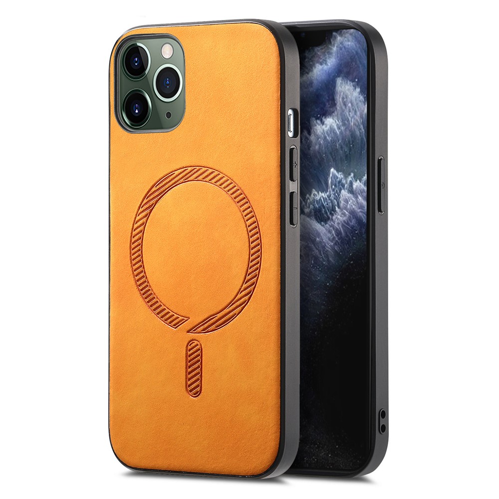 For iPhone 11 Pro Leather Back Case Compatible with MagSafe Skin-touch Phone Cover - Yellow