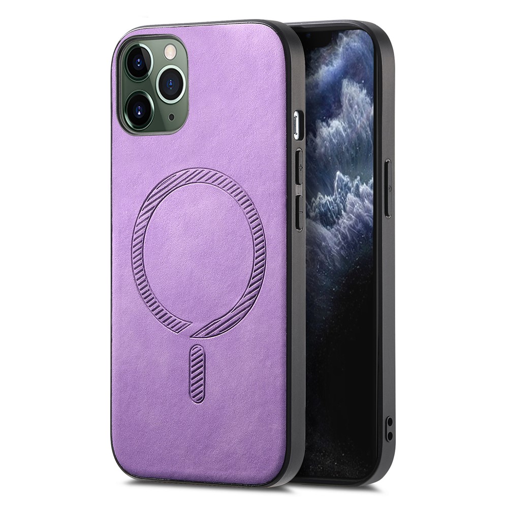 For iPhone 11 Pro Leather Back Case Compatible with MagSafe Skin-touch Phone Cover - Purple