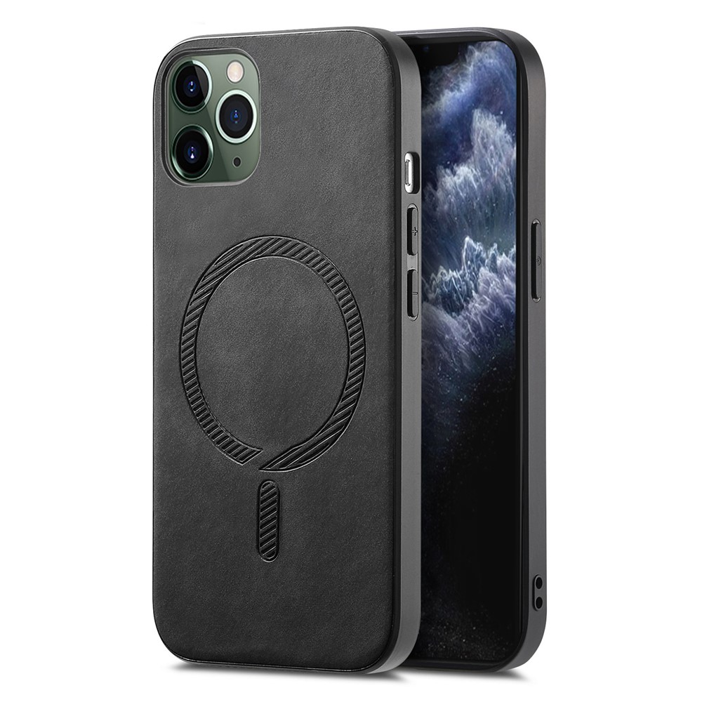 For iPhone 11 Pro Leather Back Case Compatible with MagSafe Skin-touch Phone Cover - Black