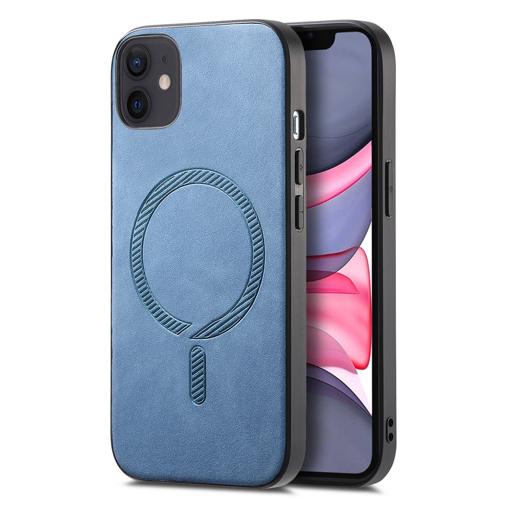 For iPhone 11 Leather Back Case Compatible with MagSafe Skin-touch Phone Cover - Blue