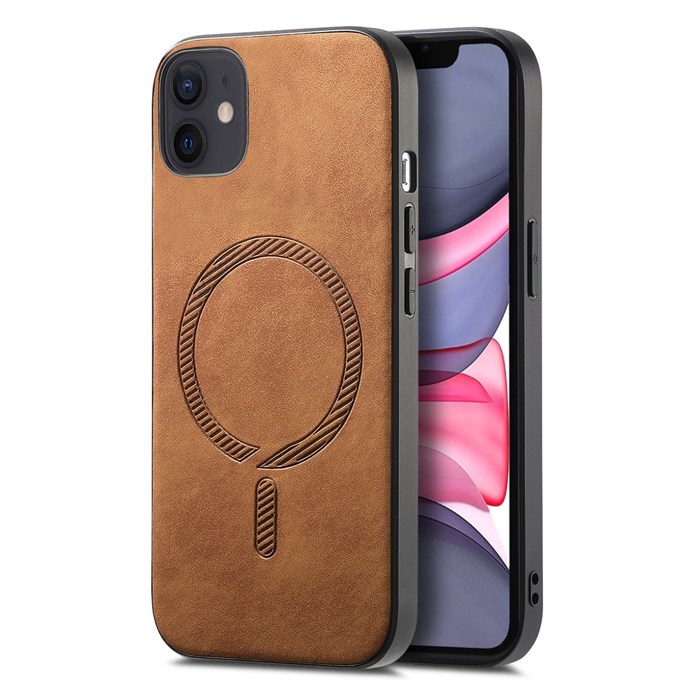 For iPhone 11 Leather Back Case Compatible with MagSafe Skin-touch Phone Cover - Brown