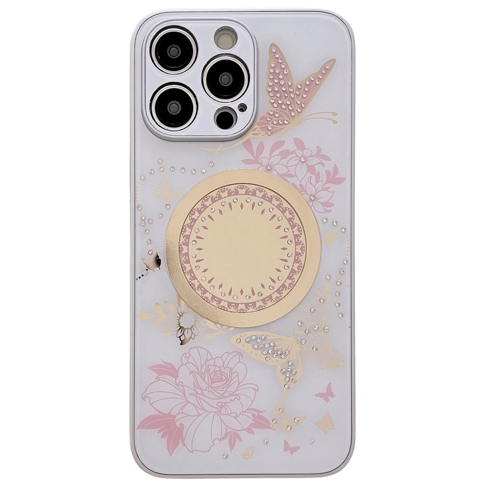 For iPhone 15 Pro Max Case Compatible with MagSafe TPU + PC Phone Cover Flower Butterfly Pattern - White / Pink