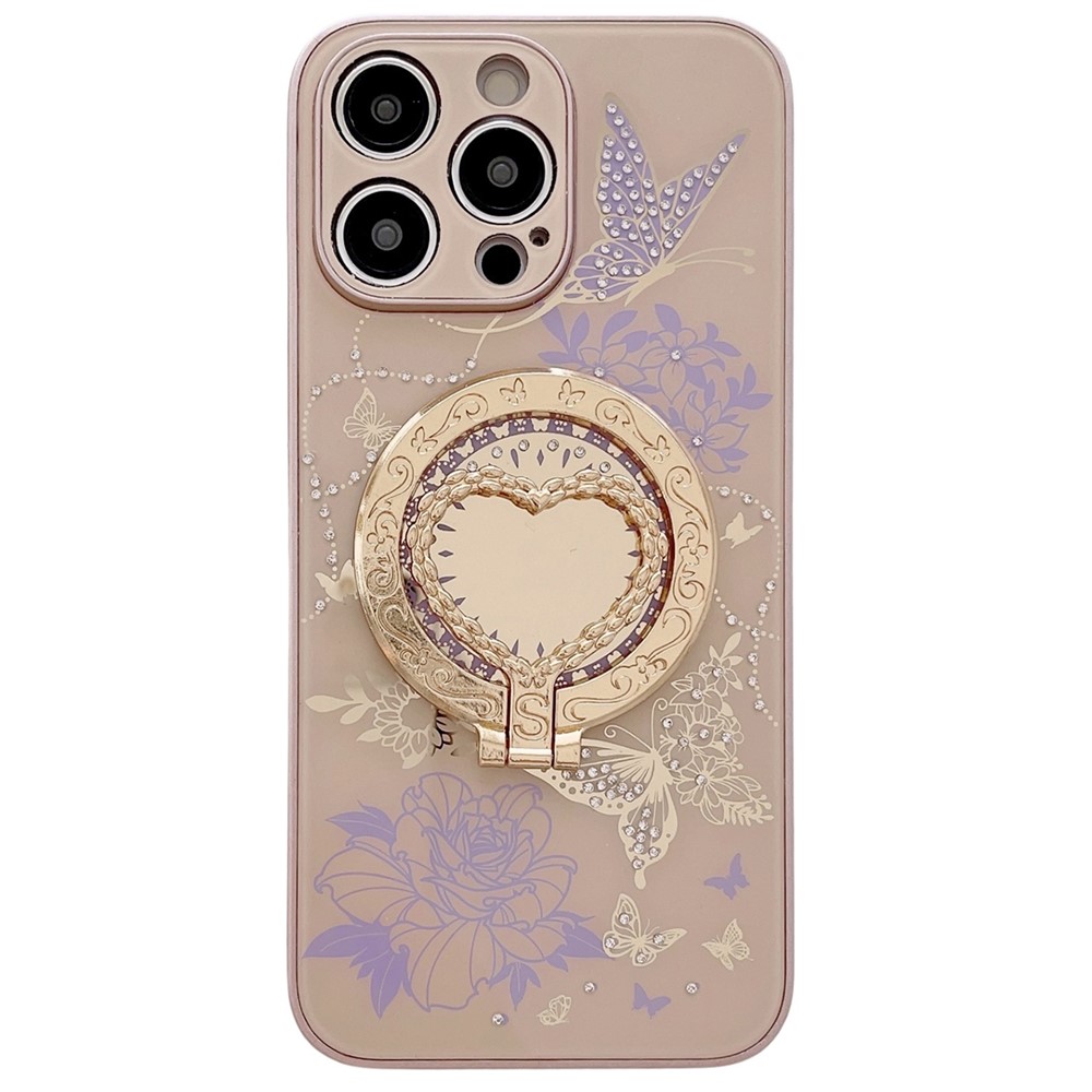 For iPhone 15 Pro Max Magnetic Case Heart Shape Kickstand TPU + PC Phone Cover Flower Butterfly Pattern - Brown / Purple