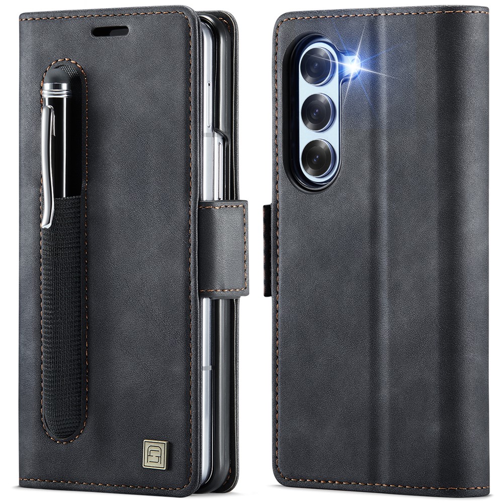 AUTSPACE For Samsung Galaxy Z Fold5 5G Case A11 RFID Blocking Retro Leather Cell Phone Wallet Cover - Black