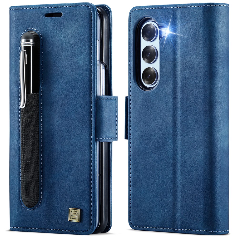 AUTSPACE For Samsung Galaxy Z Fold5 5G Case A11 RFID Blocking Retro Leather Cell Phone Wallet Cover - Blue