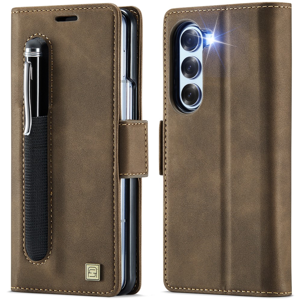 AUTSPACE For Samsung Galaxy Z Fold5 5G Case A11 RFID Blocking Retro Leather Cell Phone Wallet Cover - Brown