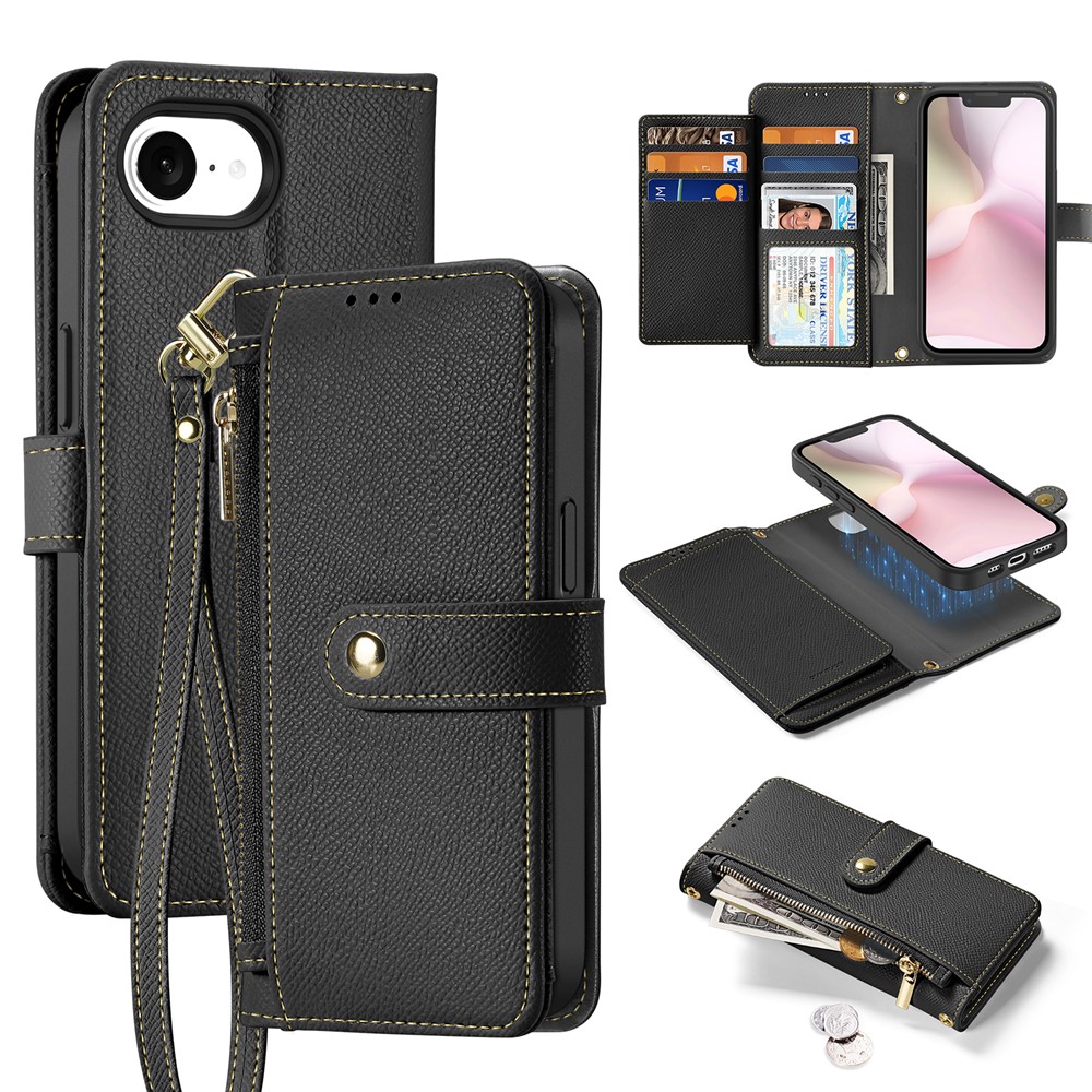 DUX DUCIS Lawa Series For iPhone 16e Case Detachable Magnetic Cowhide Leather Cover Zipper Wallet - Black