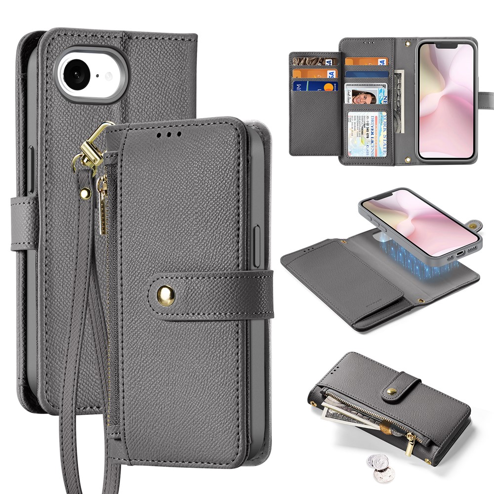 DUX DUCIS Lawa Series For iPhone 16e Case Detachable Magnetic Cowhide Leather Cover Zipper Wallet - Grey