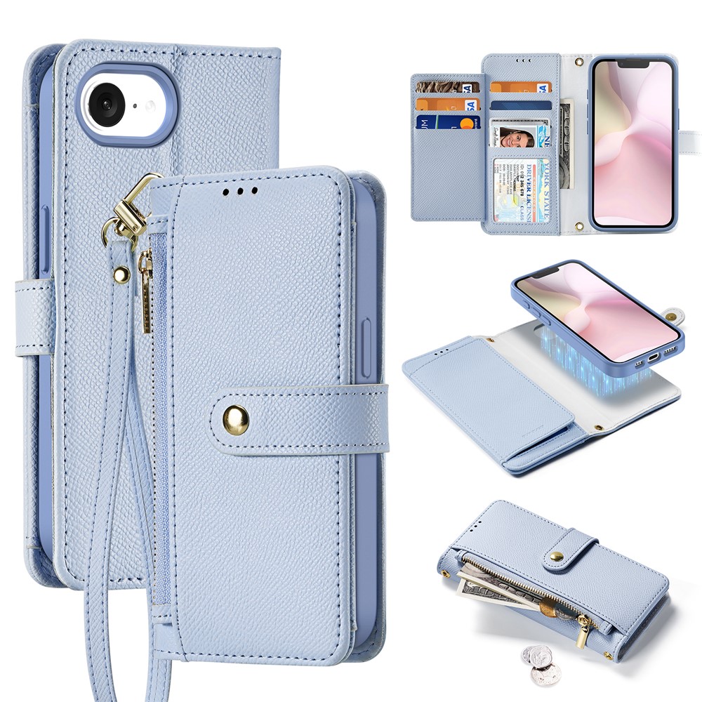 DUX DUCIS Lawa Series For iPhone 16e Case Detachable Magnetic Cowhide Leather Cover Zipper Wallet - Light Blue