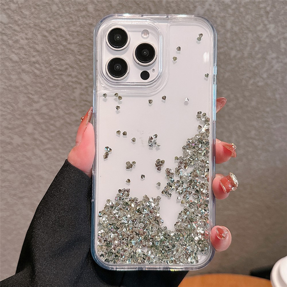 For iPhone 15 Pro Max Case Bling Rhinestone Quicksand TPU + PC Protective Cover - Silver