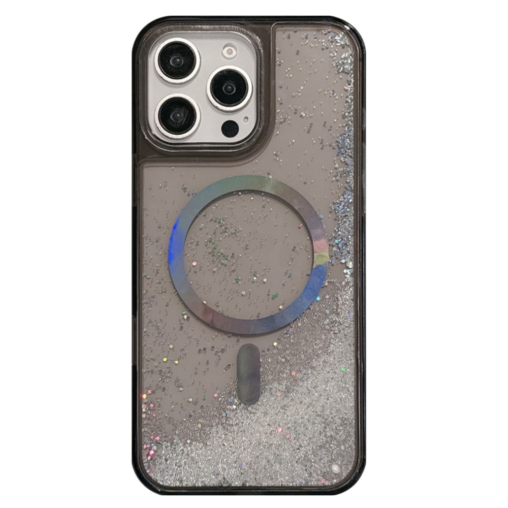 For iPhone 15 Pro Max Case Compatible with MagSafe Electroplated Quicksand PC + TPU Phone Cover - Black