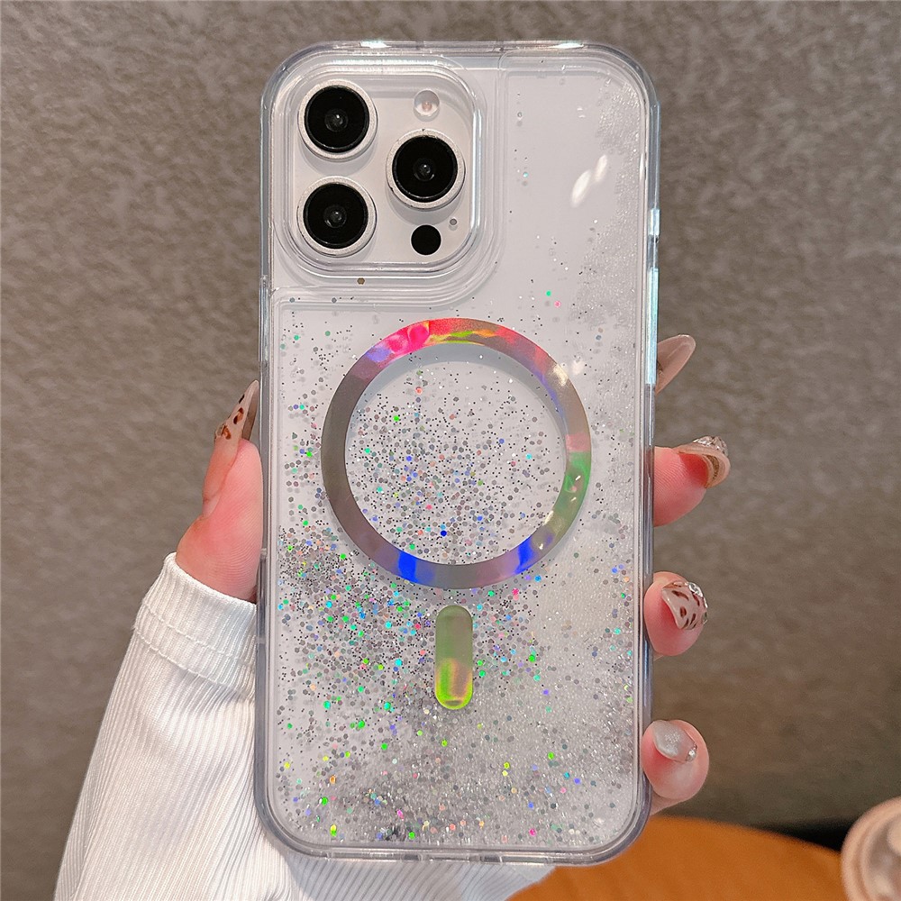 For iPhone 15 Pro Max Case Compatible with MagSafe Electroplated Quicksand PC + TPU Phone Cover - White