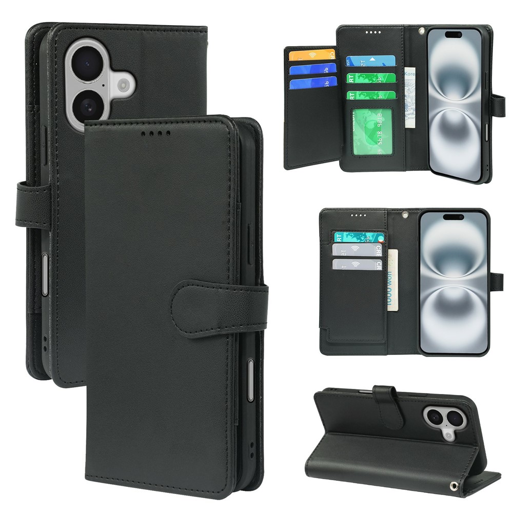 For iPhone 16 Plus Case with 9 Card Slots PU Leather Stand Phone Cover - Black