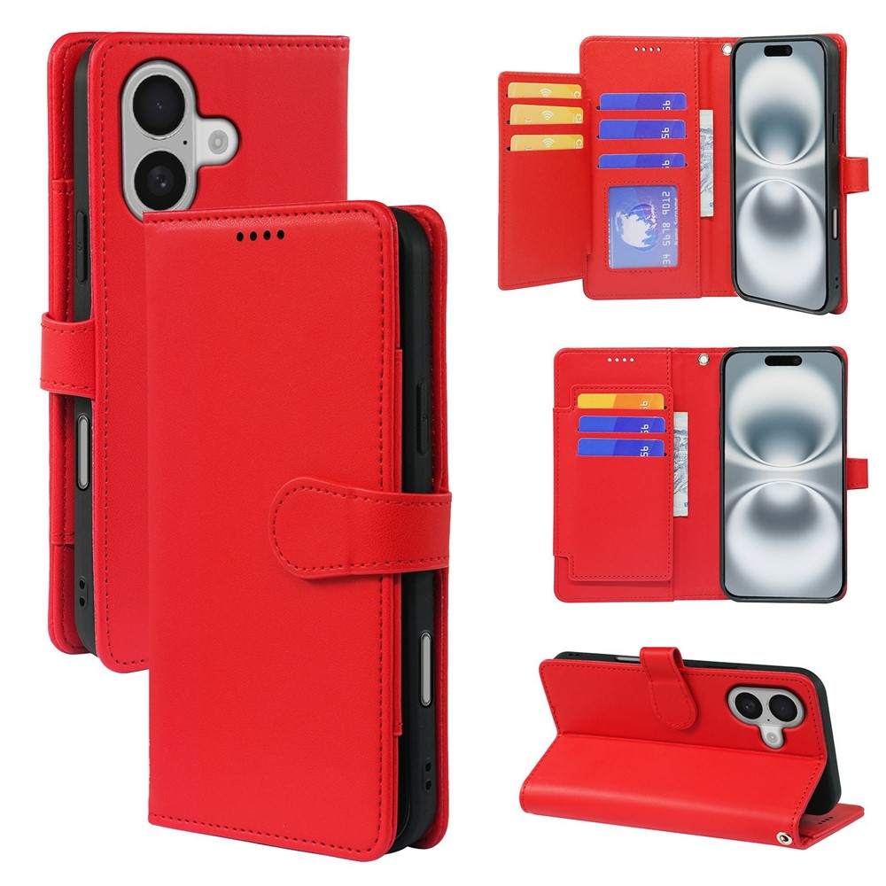 For iPhone 16 Plus Case with 9 Card Slots PU Leather Stand Phone Cover - Red