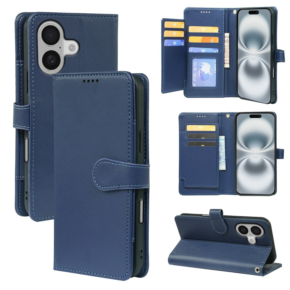 For iPhone 16 Plus Case with 9 Card Slots PU Leather Stand Phone Cover - Blue