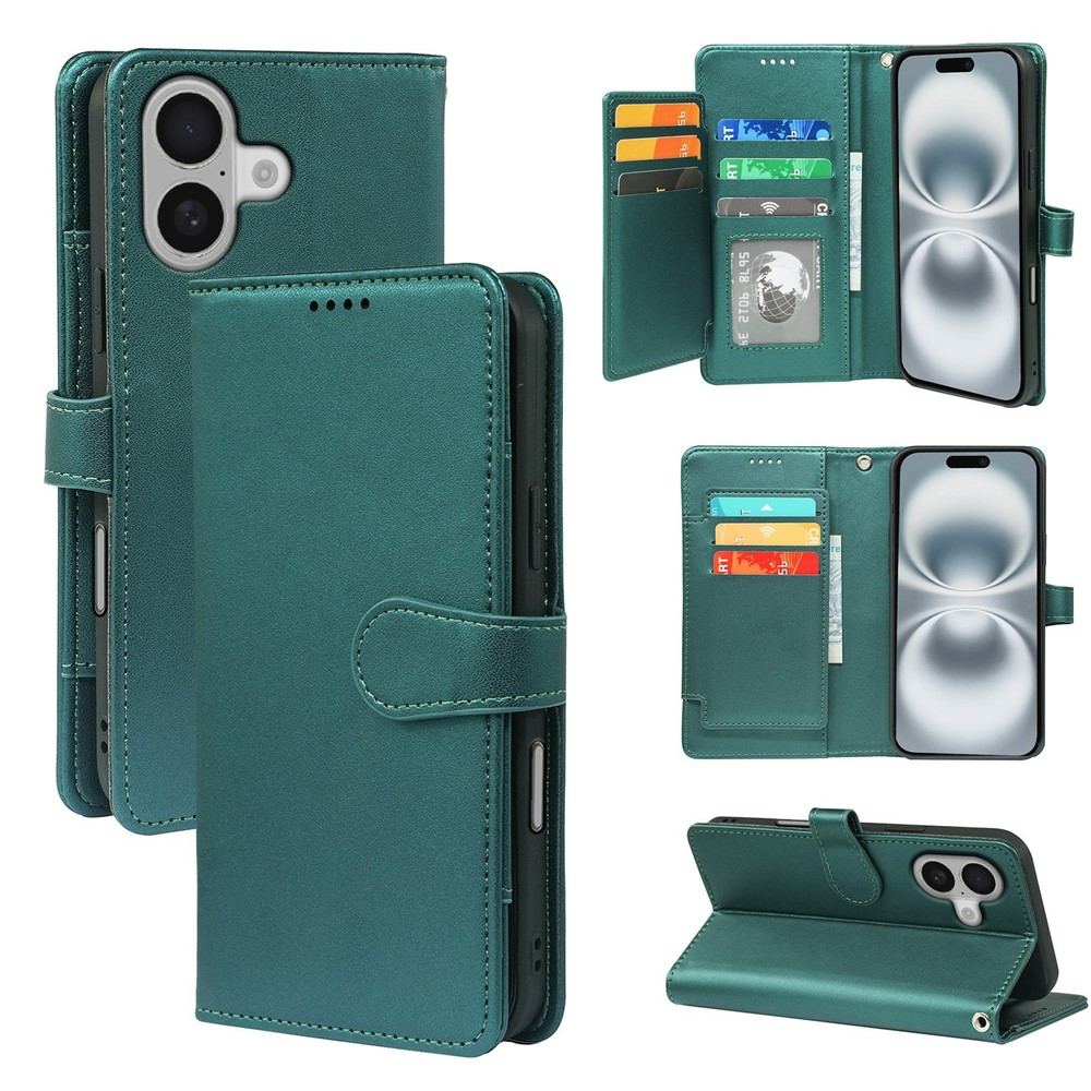 For iPhone 16 Plus Case with 9 Card Slots PU Leather Stand Phone Cover - Green