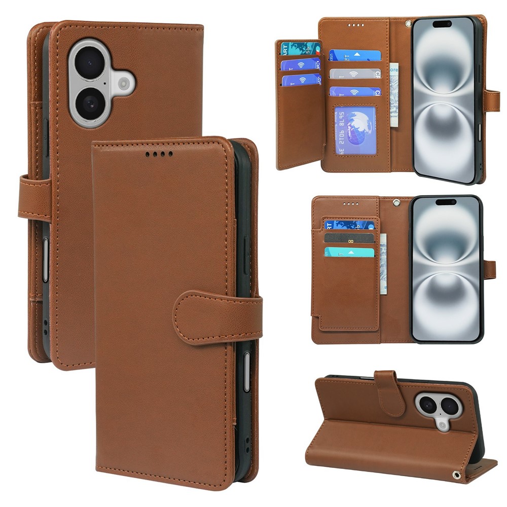 For iPhone 16 Plus Case with 9 Card Slots PU Leather Stand Phone Cover - Brown
