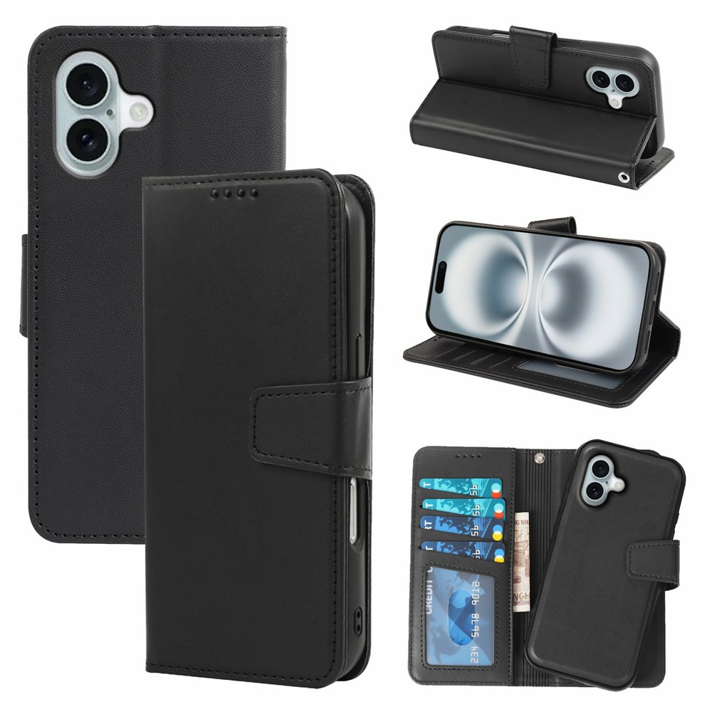 For iPhone 16 Plus Case Detachable 2 in 1 PU Leather Wallet Phone Cover - Black