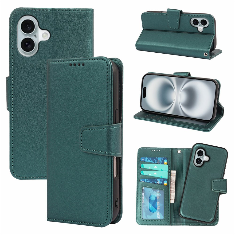 For iPhone 16 Plus Case Detachable 2 in 1 PU Leather Wallet Phone Cover - Green