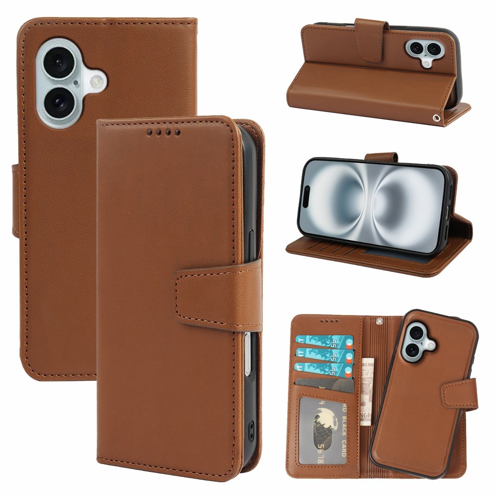 For iPhone 16 Plus Case Detachable 2 in 1 PU Leather Wallet Phone Cover - Brown